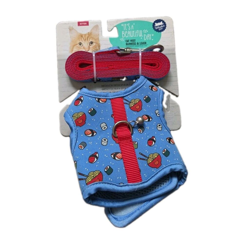 Whisker City Kitten Harness & Leash Set Sushi Print Blue Red Adjustable EUC